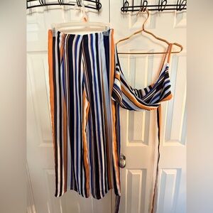 Zaful Vibrant Striped Jumpsuit in Orange, Blue, and White